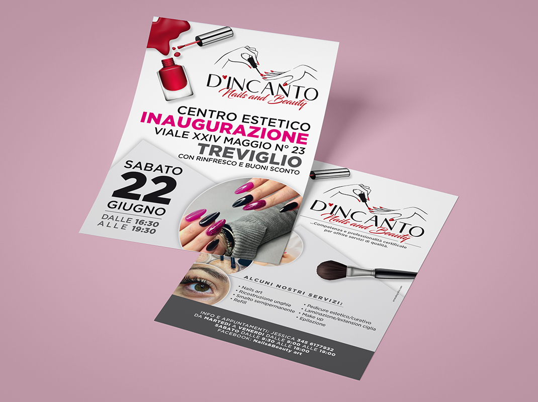 A5 volantino per pubblicizzare l'inaugurazione flyer per nuova apertura a treviglio, D'incanto Nails and Beauty.