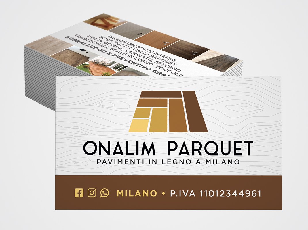 Ideazione biglietti da visita Onalim Parquet con trama in legno e foto dei lavori come: scale in legno, porte, zoccolini, PVC in gomma e parquet per esterni.