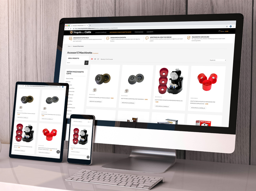 Inserimento prodotti e contenuti nel sito web responsive con e-commerce fatto con Wordpress e Woo-commerce Angolo Delle Cialde.